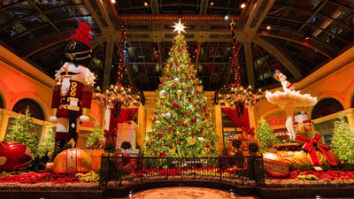 "The Nutcracker" display at the Bellagio's Conservatory & Botanical Gardens includes 110,000 energy-efficient lightbulbs and 20,000 poinsettias.