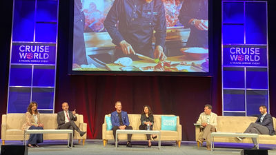 From left, Carnival Cruise Line president Christine Duffy, Holland America Line president Gus Antorcha, Princess Cruises president John Padgett, Seabourn Cruises president Natalya Leahy, Travel Weekly editor-in-chief Arnie Weissmann and Carnival Corp. CEO Josh Weinstein.