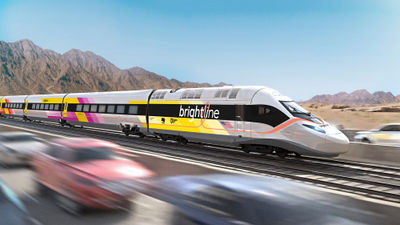 A rendering of Brightline West's proposed high-speed rail system connecting Las Vegas and Southern California.
