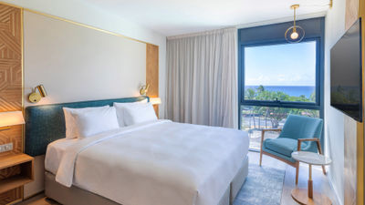 An oceanview guestroom at the Radisson Hotel Saint Denis on Reunion Island.