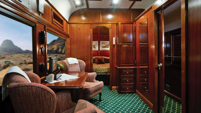 A royal suite aboard South Africa luxury train Rovos Rail.