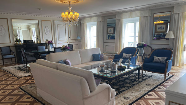The sitting room of a presidential suite at the Beau Rivage.