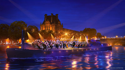 A rendering of the Seine opening ceremony with a concert by the French National Orchestra on a barge.